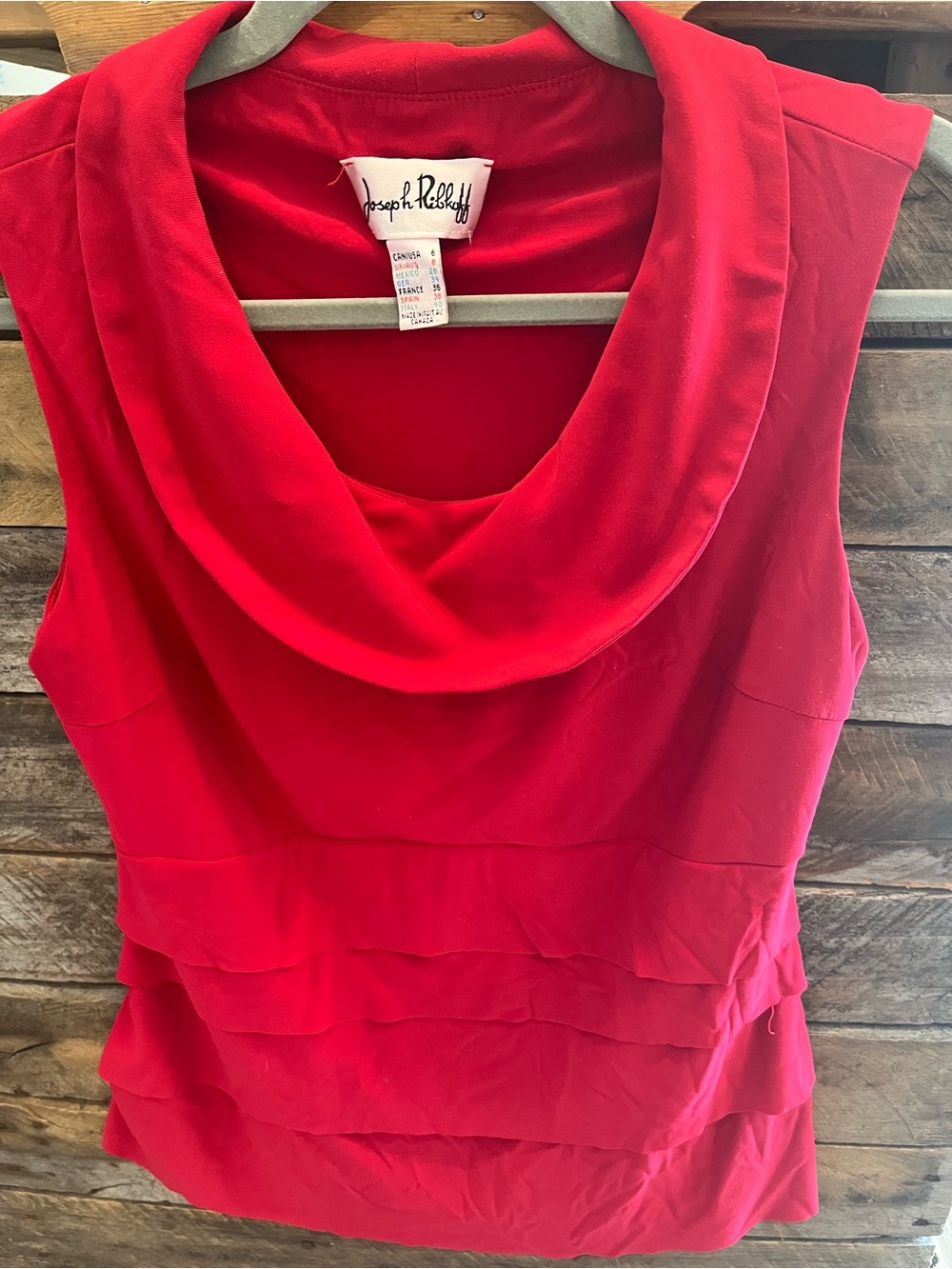 Joseph Ribkoff Red Sleeveless Cowl Neck Tiered Ruffle Top